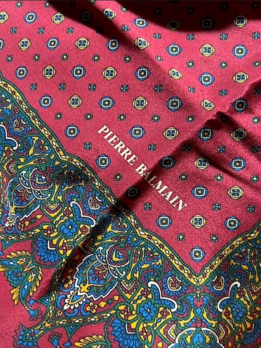 Excellent Vintage Pierre Balmain 30-Inch Square Silk Scarf / Hand-Rolled Edges